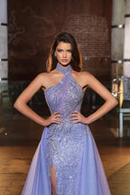 Beautiful A-line Halter Sequined Sleeveless Prom Dress With Side Slit