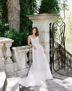 Beautiful A-Line Lace Scoop Sleeveless White Long Wedding Dress With Appliques by misshow.com