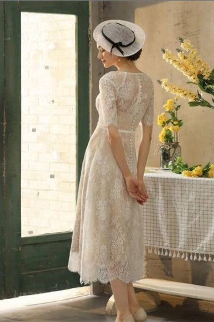 Beautiful A-line Lace Short Wedding Dresses With 3/4 Sleeves Main Image