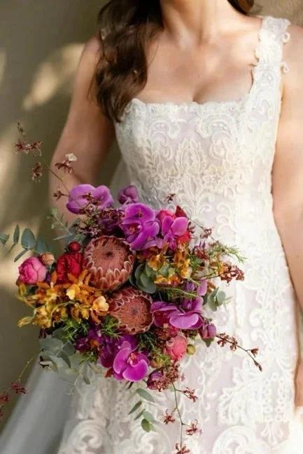 Beautiful A-Line Lace Square Sleeveless Ivory Long Wedding Dress With Appliques by misshow.com