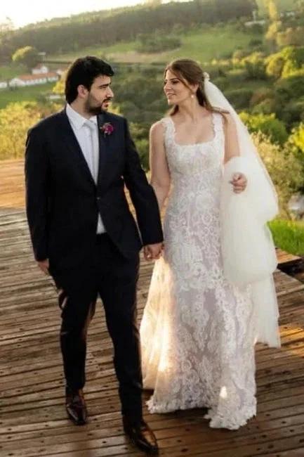 Beautiful A-Line Lace Square Sleeveless Ivory Long Wedding Dress With Appliques by misshow.com