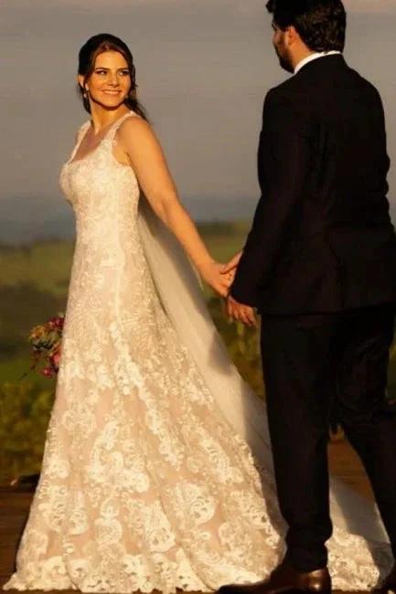 Beautiful A-Line Lace Square Sleeveless Ivory Long Wedding Dress With Appliques by misshow.com