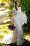 Beautiful A-Line Lace Square Sleeveless Ivory Long Wedding Dress With Appliques by misshow.com