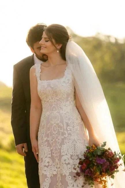 Beautiful A-Line Lace Square Sleeveless Ivory Long Wedding Dress With Appliques by misshow.com