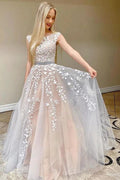 Beautiful A-Line Lace Tulle Backless Long Prom Dress by BIZTUNNEL