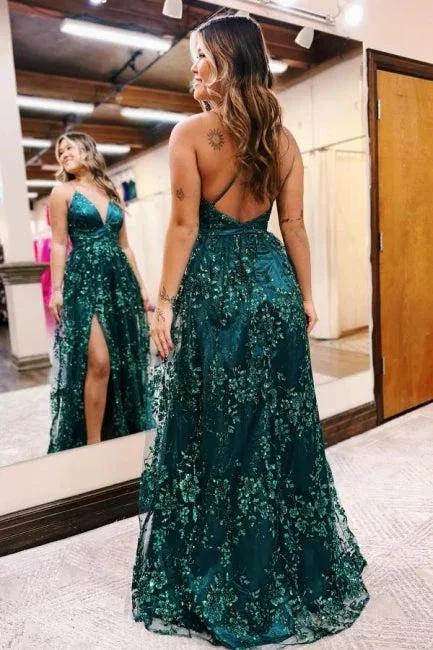 Beautiful A-Line Lace V-Neck Sleeveless Prom Dress With Appliques Split by misshow.com