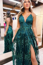 Beautiful A-Line Lace V-Neck Sleeveless Prom Dress With Appliques Split by misshow.com