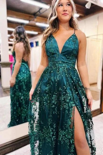 Beautiful A-Line Lace V-Neck Sleeveless Prom Dress With Appliques Split by misshow.com
