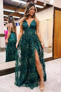 Beautiful A-Line Lace V-Neck Sleeveless Prom Dress With Appliques Split by misshow.com