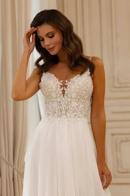 Beautiful A-Line Lace V-Neck Sleeveless White Wedding Dress With Appliques by misshow.com