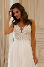 Beautiful A-Line Lace V-Neck Sleeveless White Wedding Dress With Appliques by misshow.com