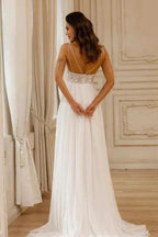 Beautiful A-Line Lace V-Neck Sleeveless White Wedding Dress With Appliques by misshow.com