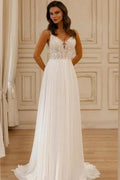 Beautiful A-Line Lace V-Neck Sleeveless White Wedding Dress With Appliques by misshow.com