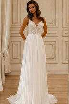 Beautiful A-Line Lace V-Neck Sleeveless White Wedding Dress With Appliques by misshow.com