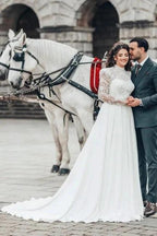 Beautiful A-line Long High Neck Lace Chiffon Wedding Dresses with Long Sleeves by misshow.com