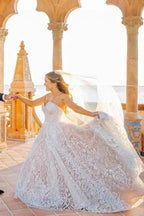 Beautiful A-Line Long White Sleeveless Wedding Dresses With Lace by misshow.com