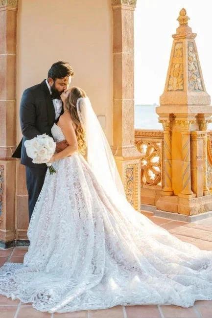Beautiful A-Line Long White Sleeveless Wedding Dresses With Lace by misshow.com