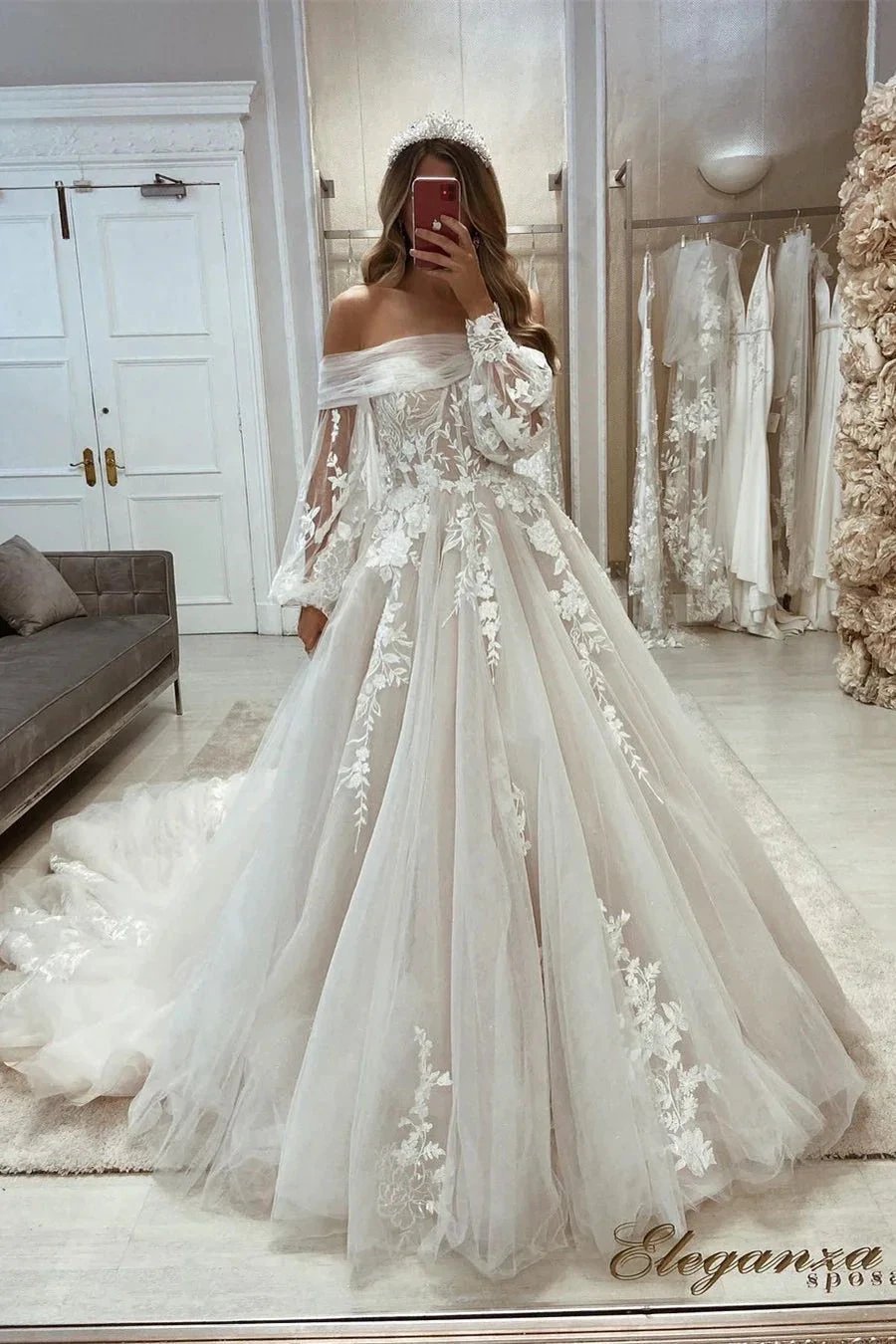 Beautiful A-line Off-the-shoulder Appliques Long Sleeves Wedding Dress With Lace by misshow.com