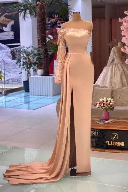 Beautiful A-line Off-the-shoulder Long Sleeve Prom Dresses With Glitter by misshow.com