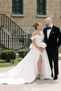 Beautiful A-Line Off-The-Shoulder Scoop Sleeveless Ruffles Satin Split Front White Wedding Dresses by misshow.com