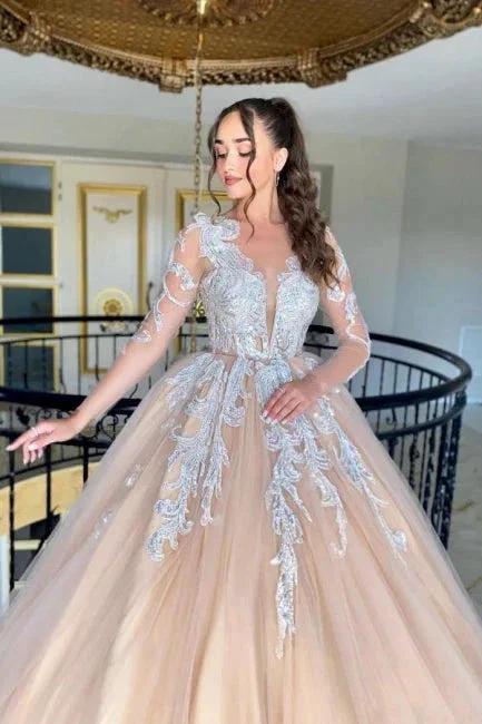 Beautiful A-Line Tulle Lace V-Neck Long Sleeve Long Wedding Dress With Appliques Ruffles by misshow.com