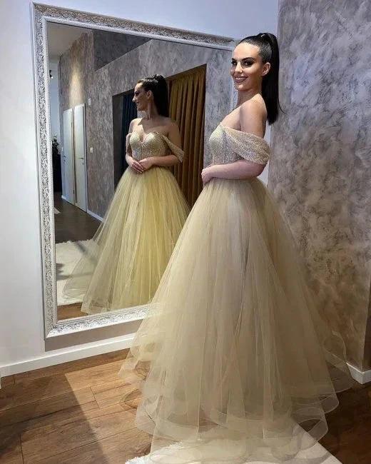 Beautiful A-line Tulle Off-the-shoulder Wedding Dresses by misshow.com
