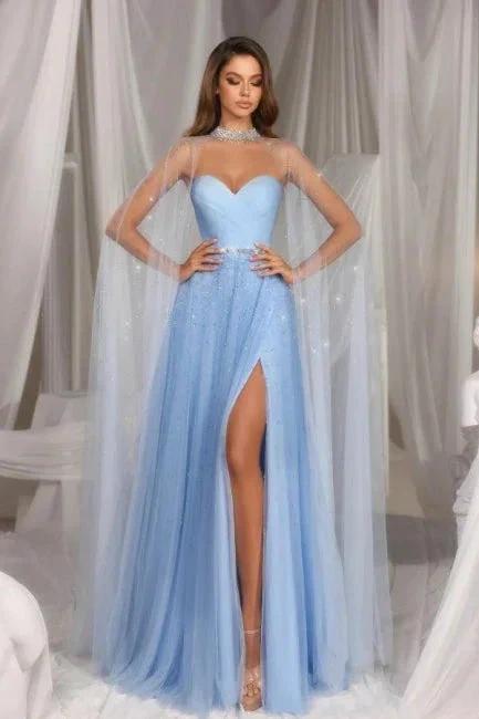 Beautiful A-Line Tulle Sweetheart Sleeveless Blue Prom Dresses With Ruffles Split by misshow.com