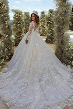 Beautiful A-line V-neck Lace Appliques Tulle Wedding Dress With Long Sleeves by misshow.com