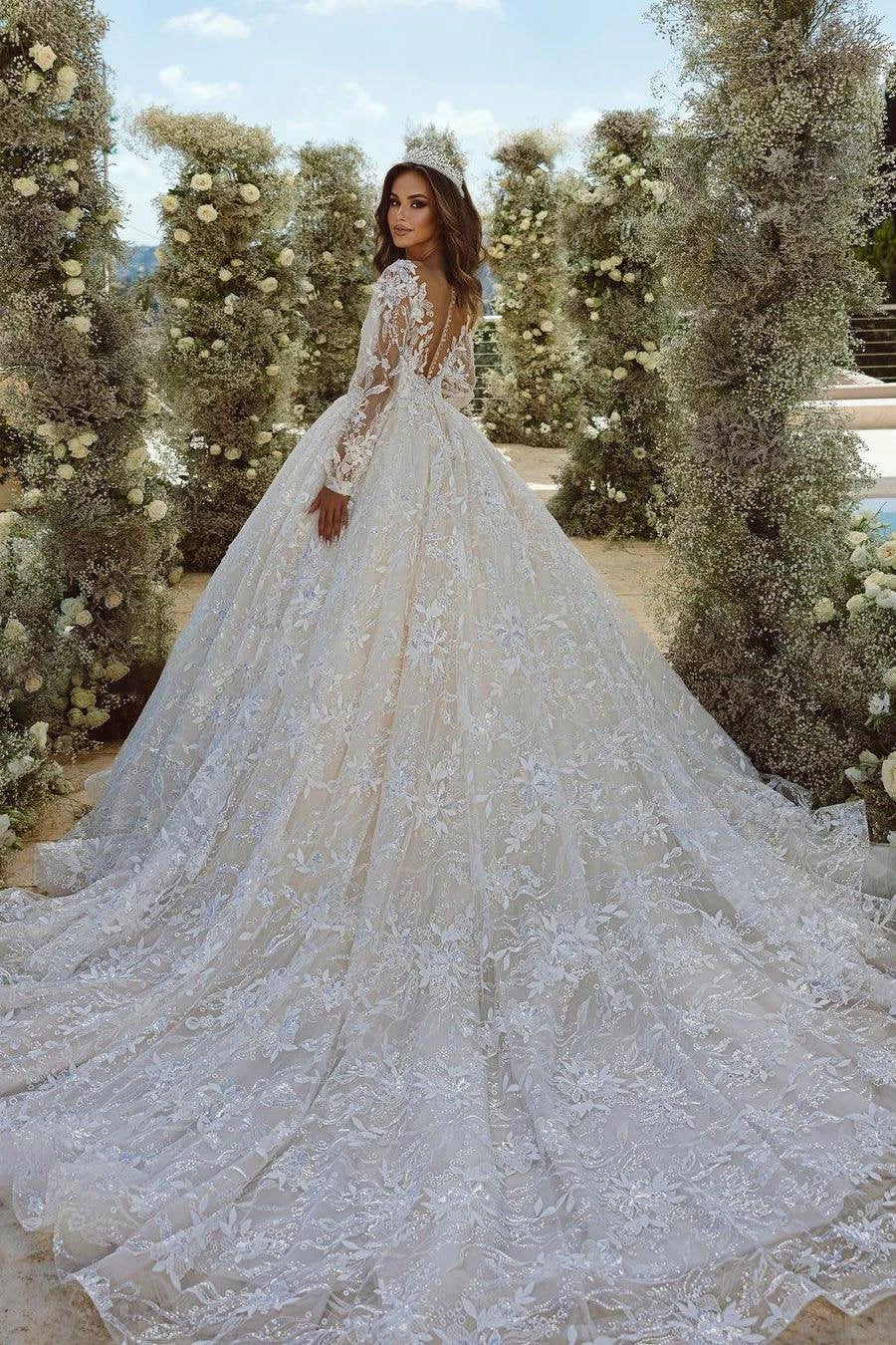 Beautiful A-line V-neck Lace Appliques Tulle Wedding Dress With Long Sleeves by misshow.com