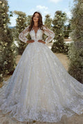 Beautiful A-line V-neck Lace Appliques Tulle Wedding Dress With Long Sleeves by misshow.com