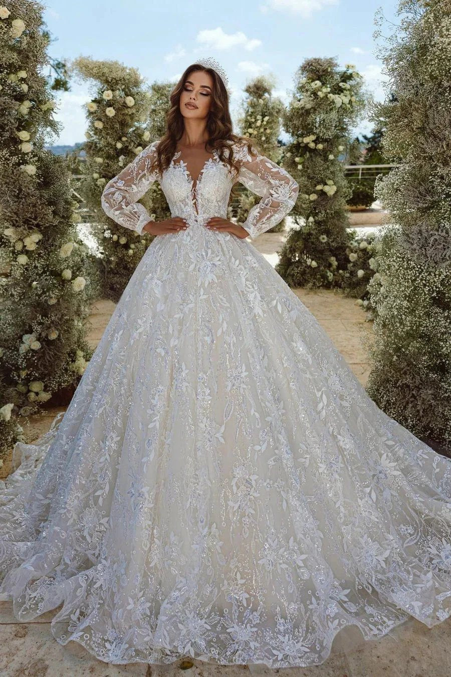 Beautiful A-line V-neck Lace Appliques Tulle Wedding Dress With Long Sleeves by misshow.com