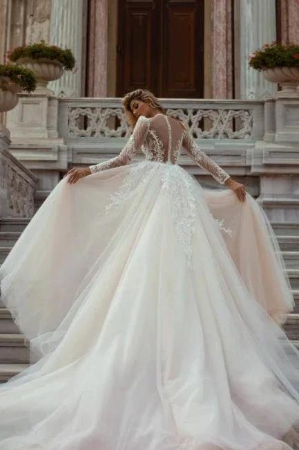 Beautiful A-Line V-neck Lace Long Sleeves Mermaid Wedding Dresses With Detachable Train by misshow.com