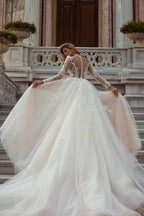 Beautiful A-Line V-neck Lace Long Sleeves Mermaid Wedding Dresses With Detachable Train by misshow.com