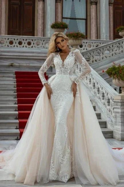 Beautiful A-Line V-neck Lace Long Sleeves Mermaid Wedding Dresses With Detachable Train by misshow.com
