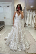 Beautiful A-line V-neck Spaghetti Straps Appliques Wedding Dress With Lace by misshow.com