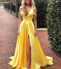 Beautiful A-line V-neck Stretch Satin Backless Long Prom Dress with Slit by BIZTUNNEL