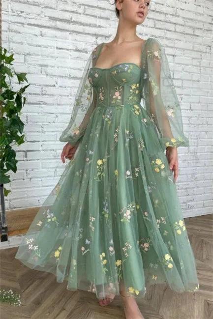 Beautiful Ankle Length A-line Long Sleeves Floral Prom Dress by misshow.com