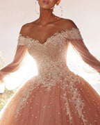 Beautiful Ball Gown Tulle Lace Sweetheart Long Sleeve Prom Dresses With Beading by misshow.com