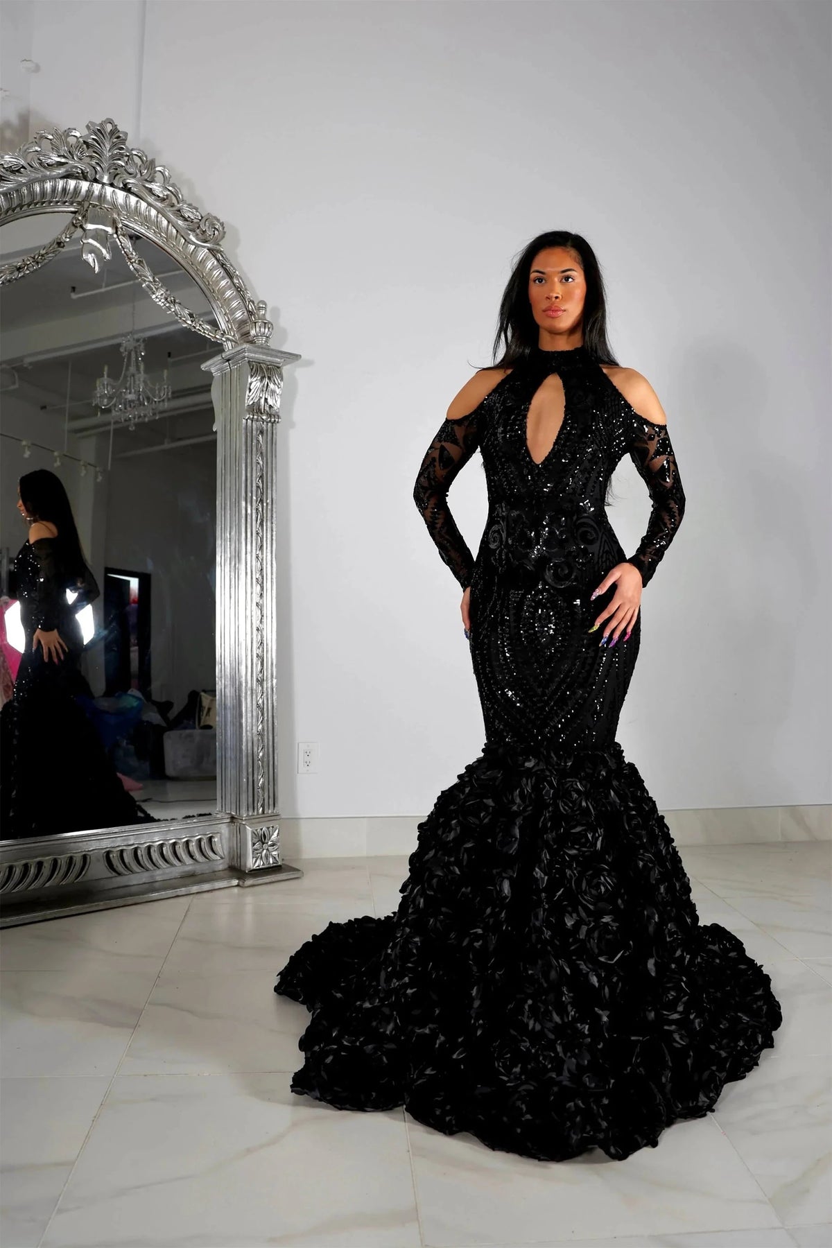 Beautiful Black Lace Long Sleeves Mermaid Prom Dress by misshow.com