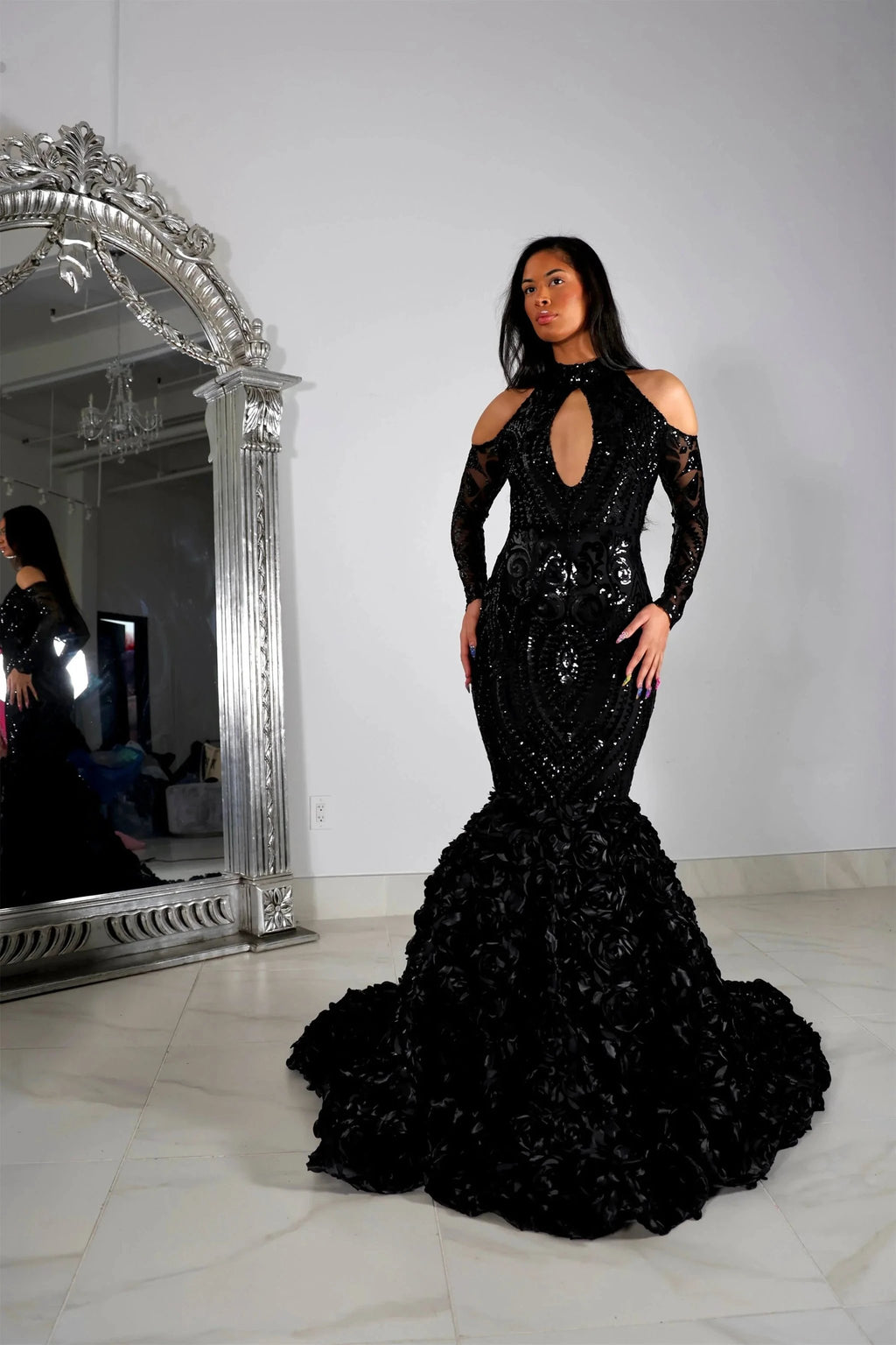 Beautiful Black Lace Long Sleeves Mermaid Prom Dress by misshow.com