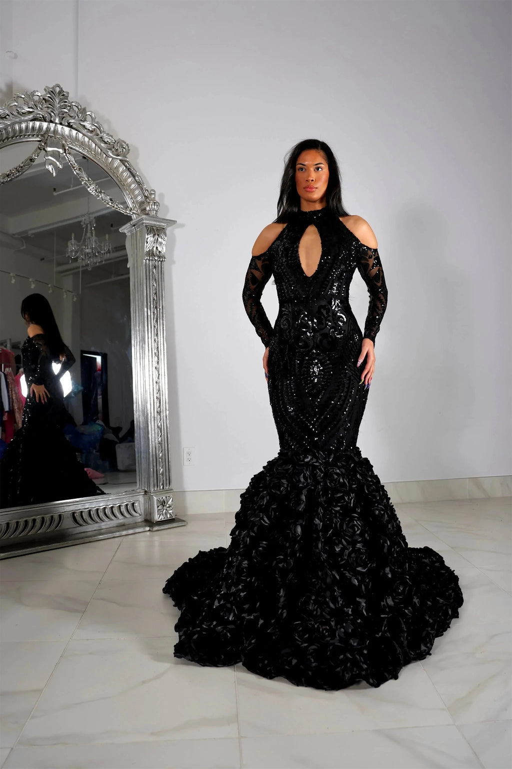 Beautiful Black Lace Long Sleeves Mermaid Prom Dress by misshow.com