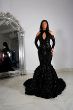 Beautiful Black Lace Long Sleeves Mermaid Prom Dress by misshow.com