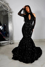 Beautiful Black Lace Long Sleeves Mermaid Prom Dress by misshow.com