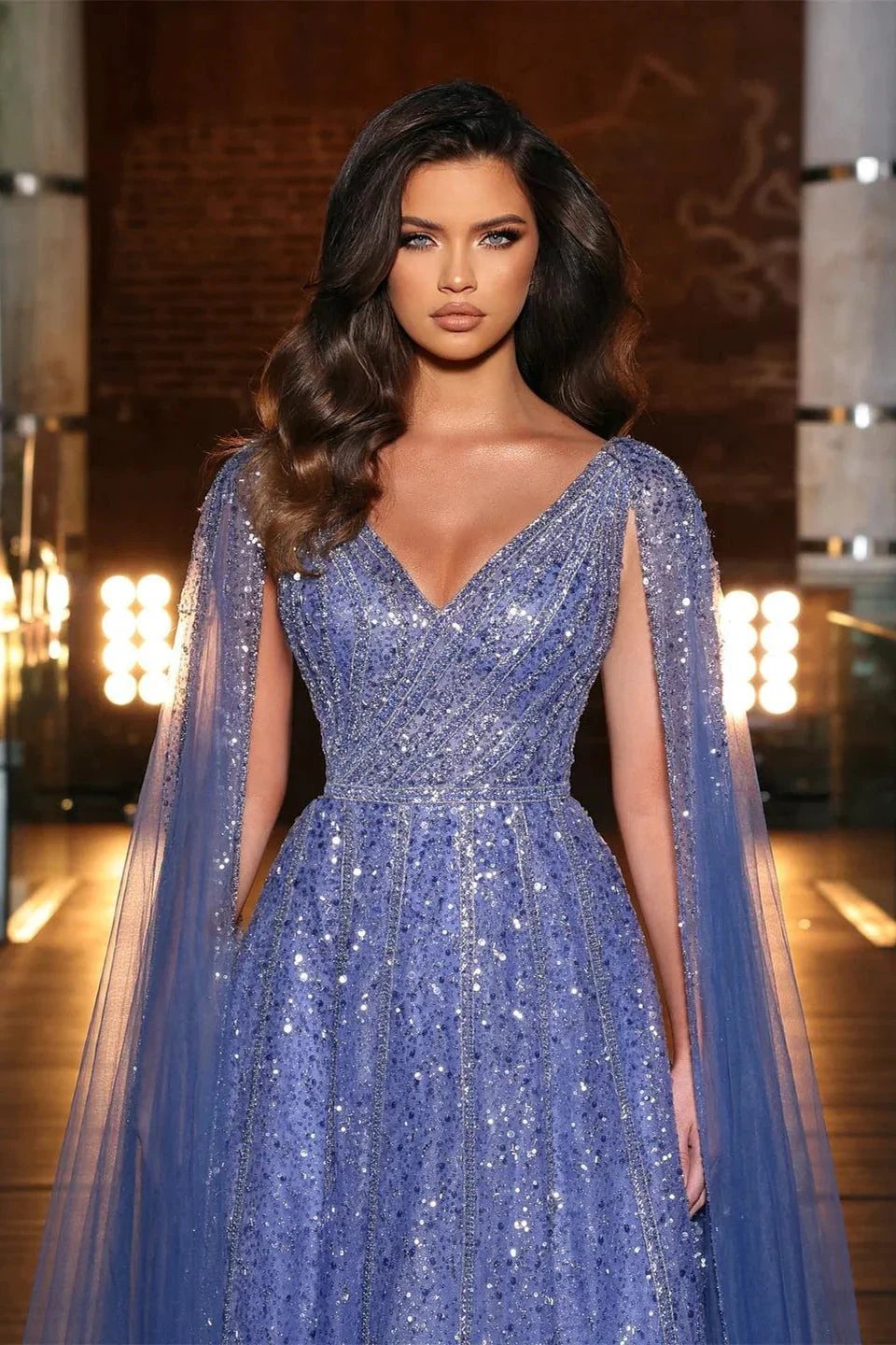 Beautiful Blue Long A-line V-neck Beading Evening Dress With Ruffles by misshow.com