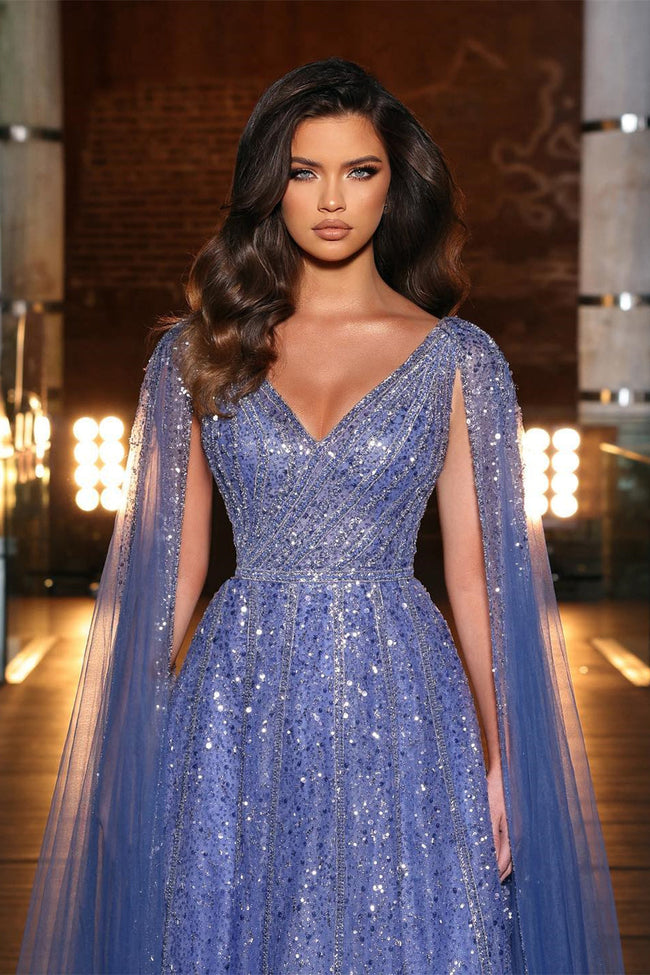 Beautiful Blue Long A-line V-neck Beading Evening Dress With Ruffles Main Image