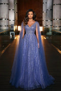 Beautiful Blue Long A-line V-neck Beading Evening Dress With Ruffles by misshow.com