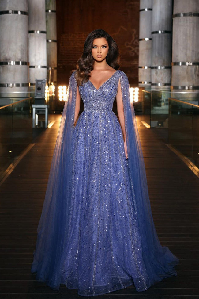 Beautiful Blue Long A-line V-neck Beading Evening Dress With Ruffles Hover Image
