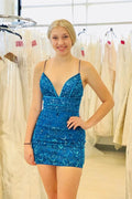 Beautiful Blue V-neck Spaghetti Straps Sleeveless Short Homecoming Dresses With Lace by misshow.com