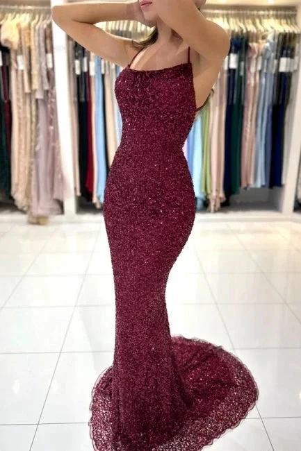 Beautiful Burgundy Long Sequined Mermaid Evening Dresses by misshow.com