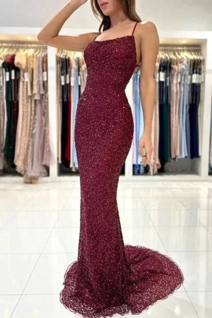 Beautiful Burgundy Long Sequined Mermaid Evening Dresses by misshow.com